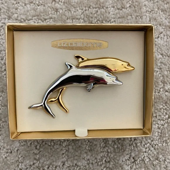 ☀️Liz Claiborne vintage double dolphin brooch - Picture 1 of 2